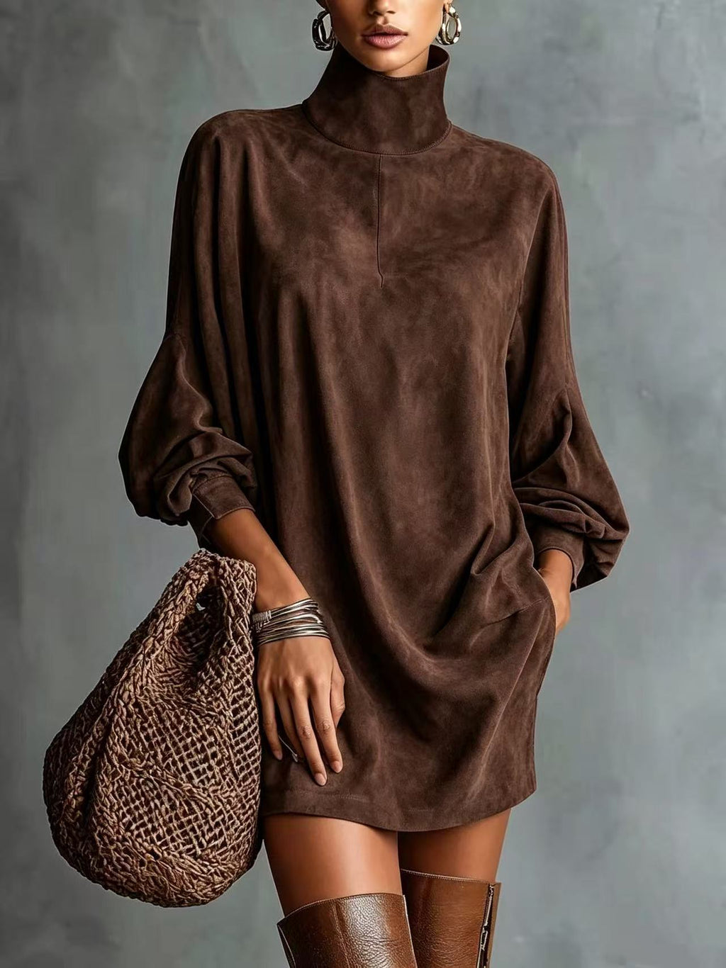 Faux Suede Retro Lapel Mini Dress | Women's Long Sleeve A-Line