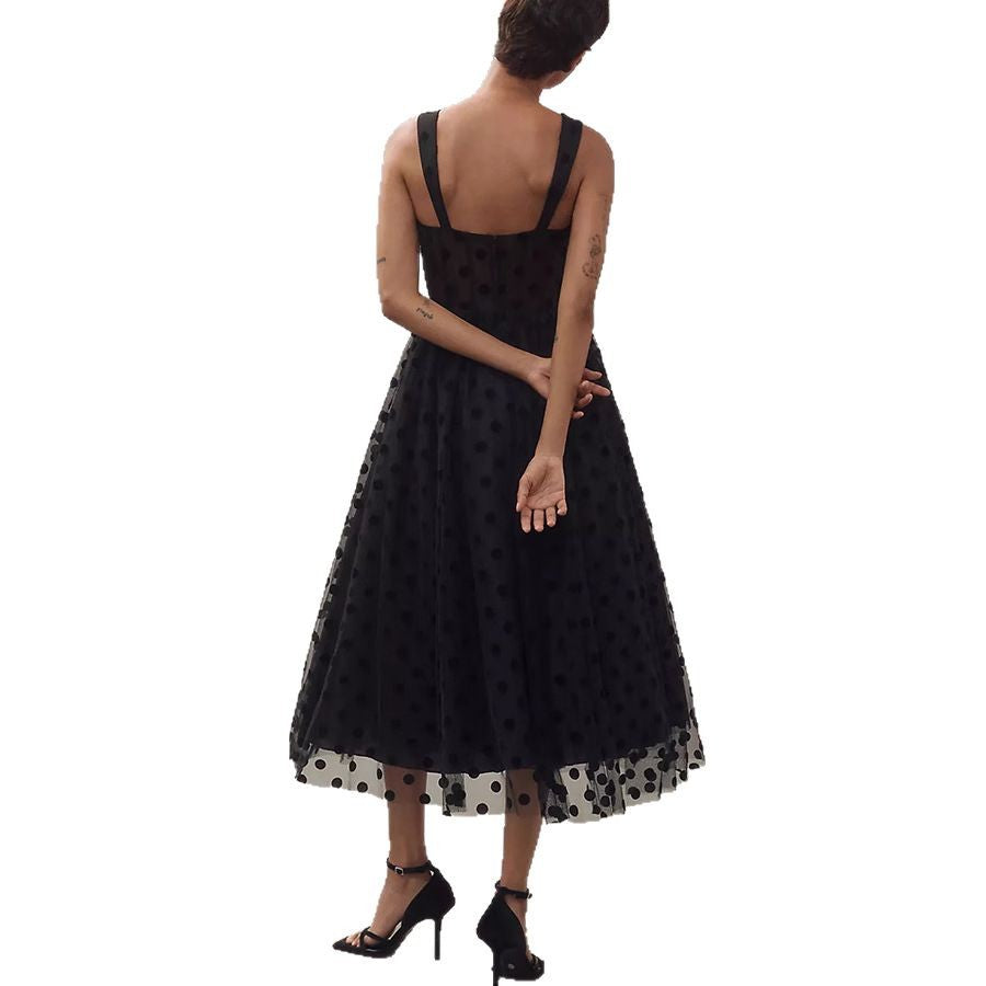 Women’s Black Dotted Mesh Maxi Dress – V-Neck
