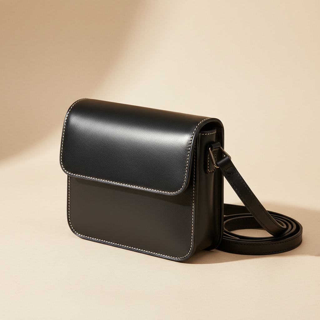 Black genuine cowhide crossbody shoulder bag on a clean studio background