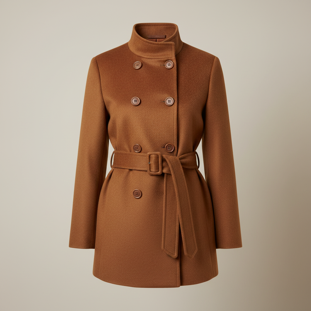 Brown women’s short belted coat with stand-up collar on a clean studio background