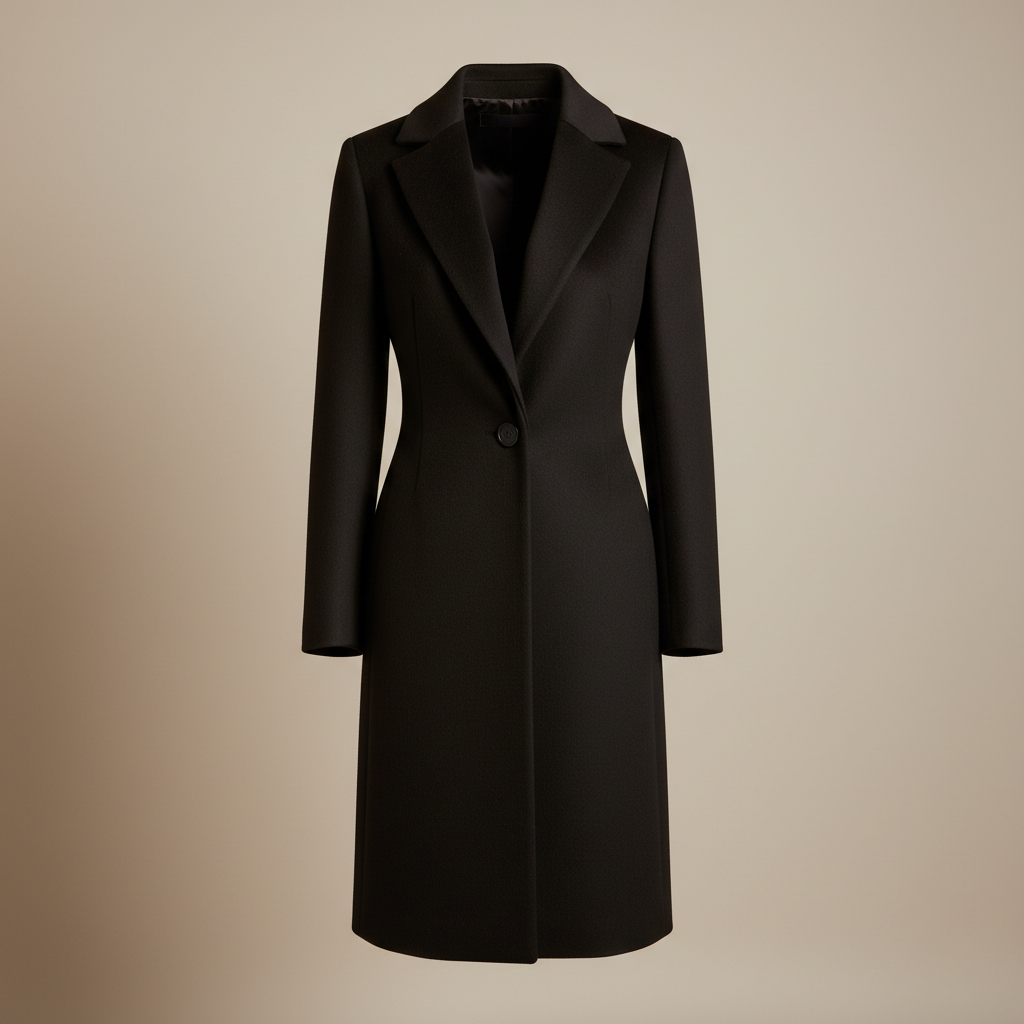 Black women’s slim-fit wool-blend coat with lapel collar on a clean studio background