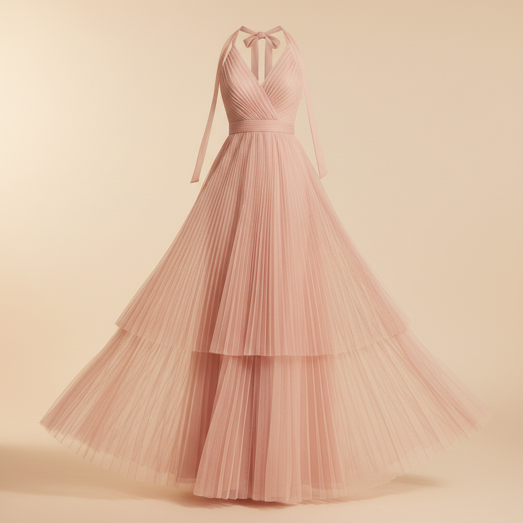 Pink women’s pleated mesh halter dress with V-neck on a clean studio background
