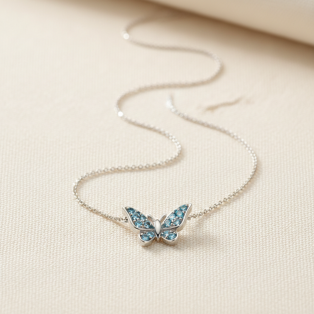 S925 sterling silver butterfly necklace with aquamarine-blue accent on a clean studio background