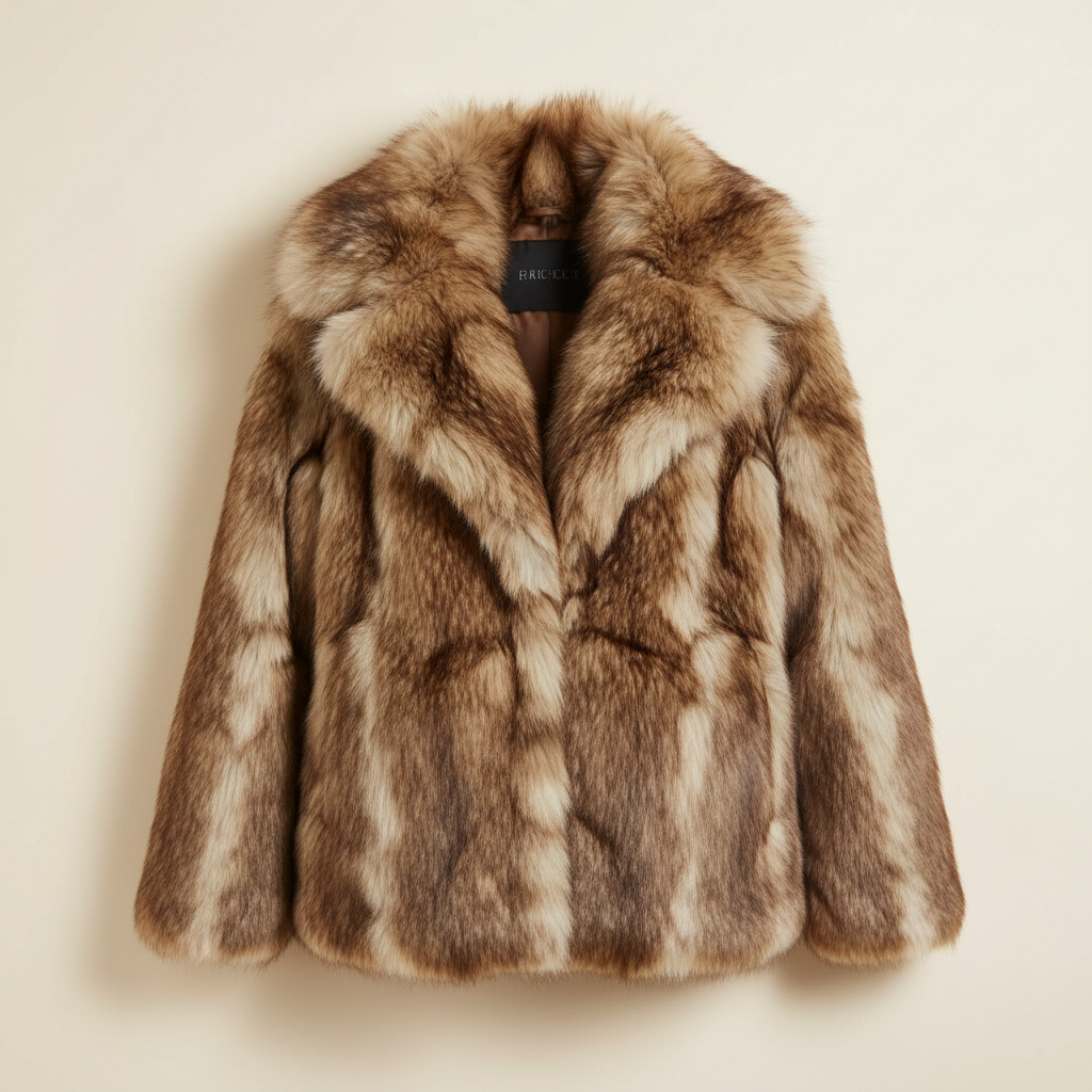 Coffee and cream women’s faux fur jacket with statement collar on a clean studio background